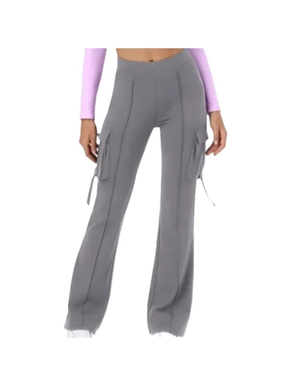 Halara Gray Cargo Pants High-Waisted Flared Leg Side Pockets Small NWT